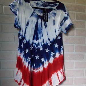 NWT Blue Skies of Florida Women's  Free Size Red White Blue Tie-Dye Tunic Top